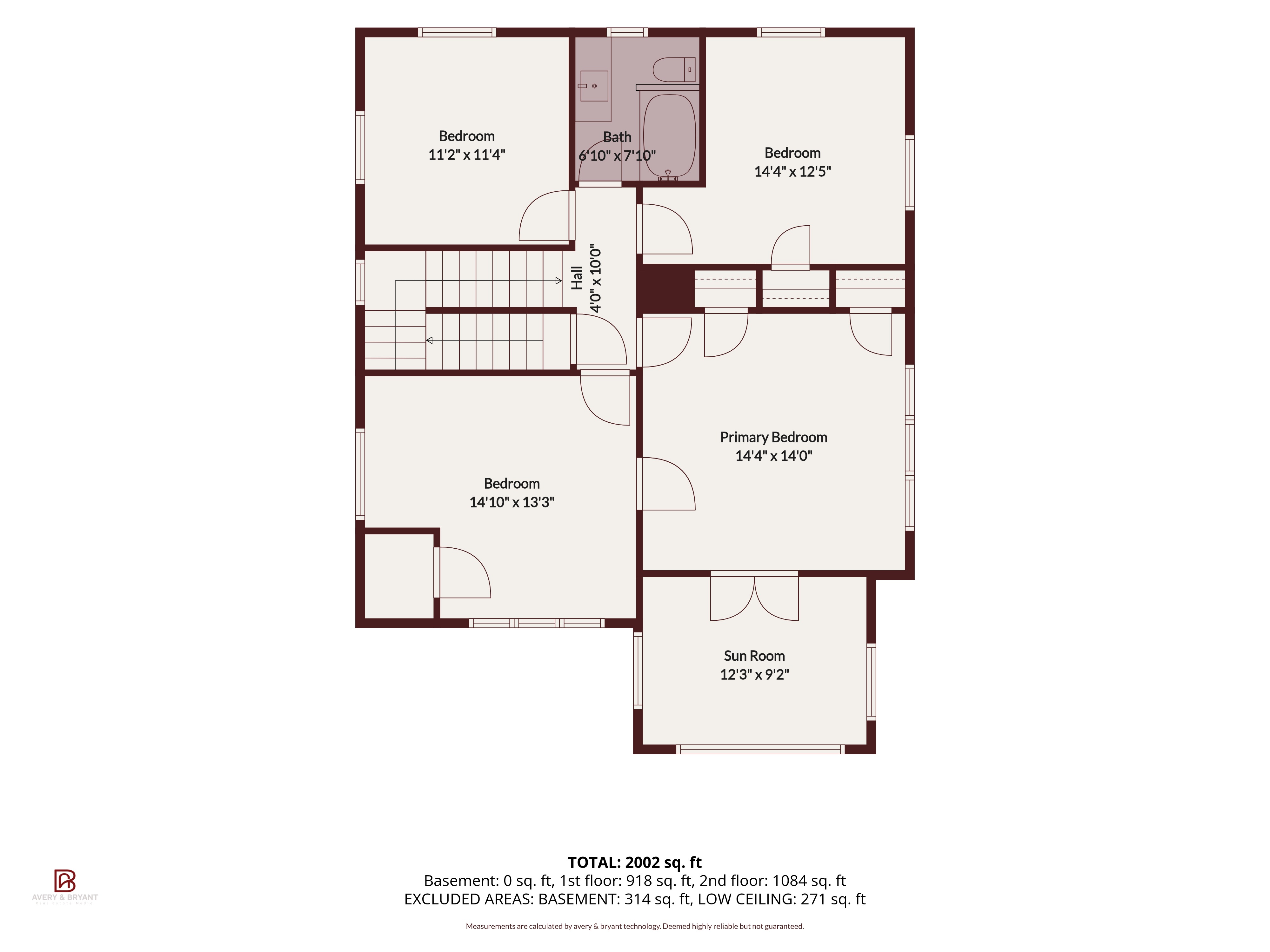 Second-level floor plan with room measurements
